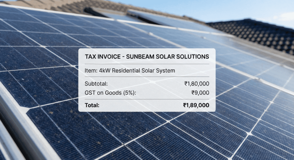 A close-up of a residential solar panel array with a transparent tax invoice overlay showing the 5% GST rate.