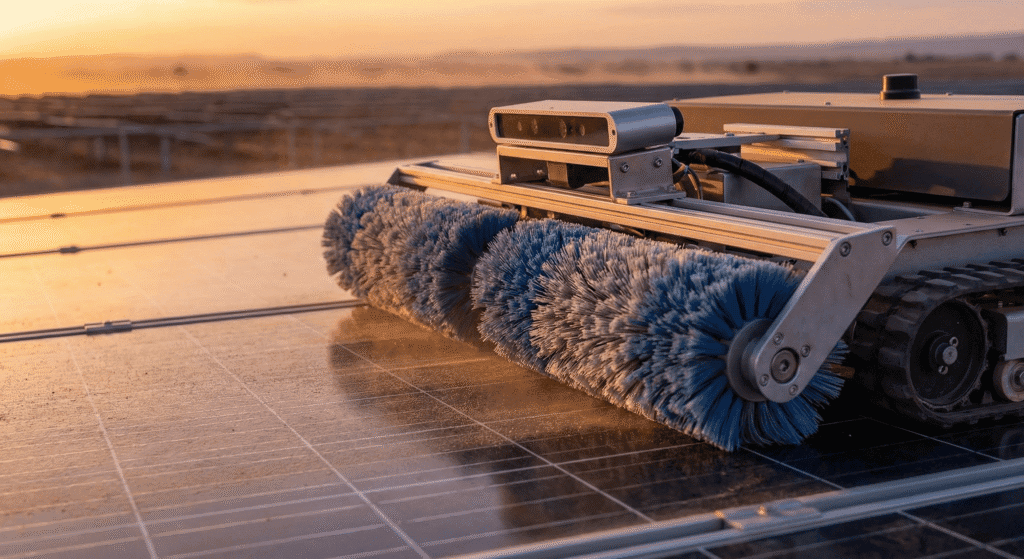 A close-up shot of a robotic cleaner mounted on a solar panel array at sunset, showing the microfiber brushes.