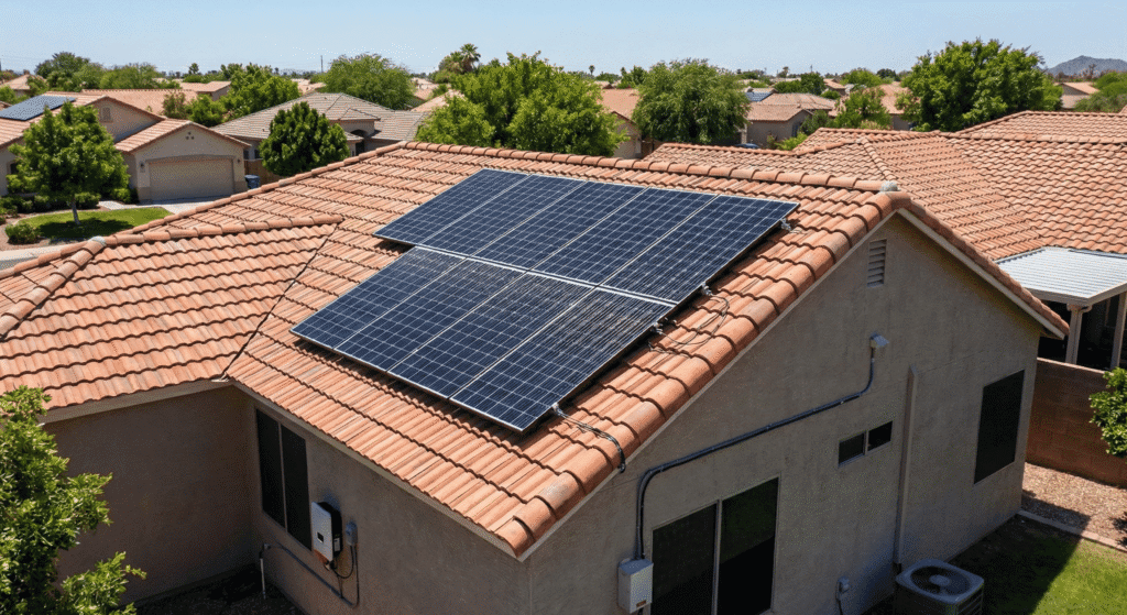 Aerial view of a 3kW solar installation on a residential roof showing how many solar panels required for 3kw