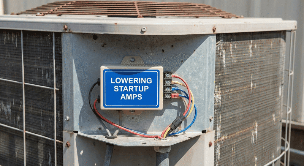 Close-up of a Soft Start kit installed on an AC compressor unit with the text "Lowering Startup Amps"