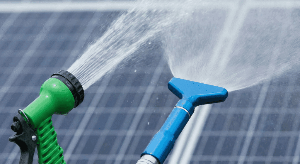 Close-up of a standard garden nozzle compared to a specialized fan-style solar panel cleaning nozzle with soft mist output