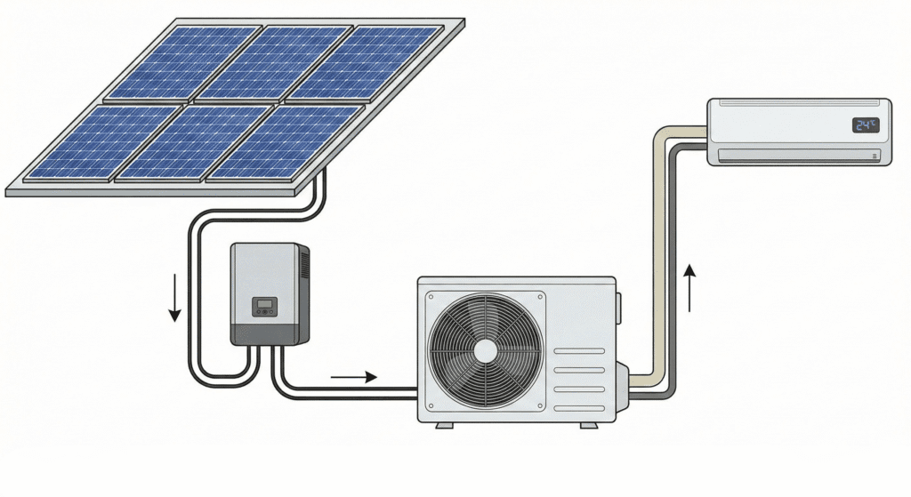 Diagram showing 6 solar panels connected to a hybrid inverter and a split AC unit. Alt Text Diagram illustrating how much solar panel required for 1.5 ton ac with hybrid inverter setup