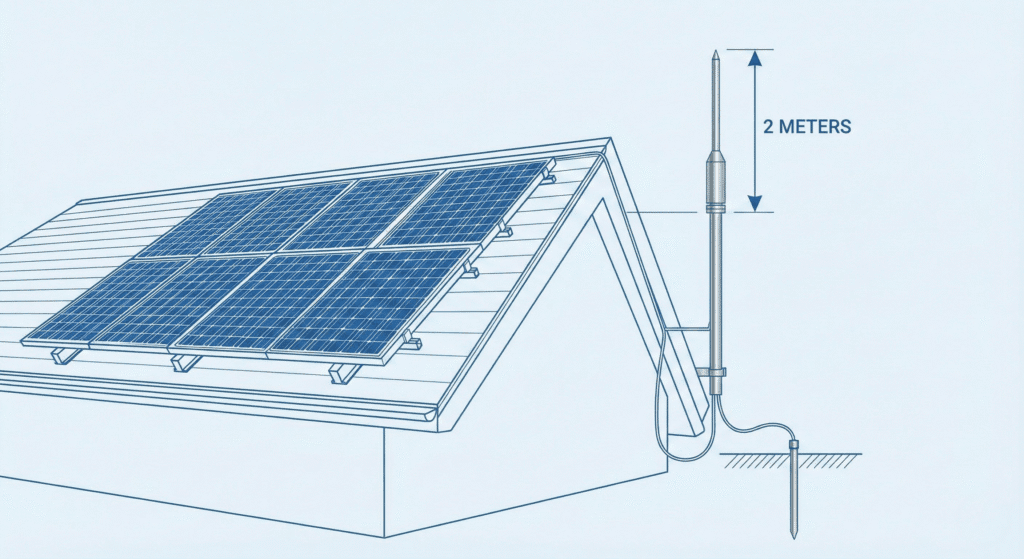 Diagram showing a lightning arrester for solar panels installed 2 meters above the array