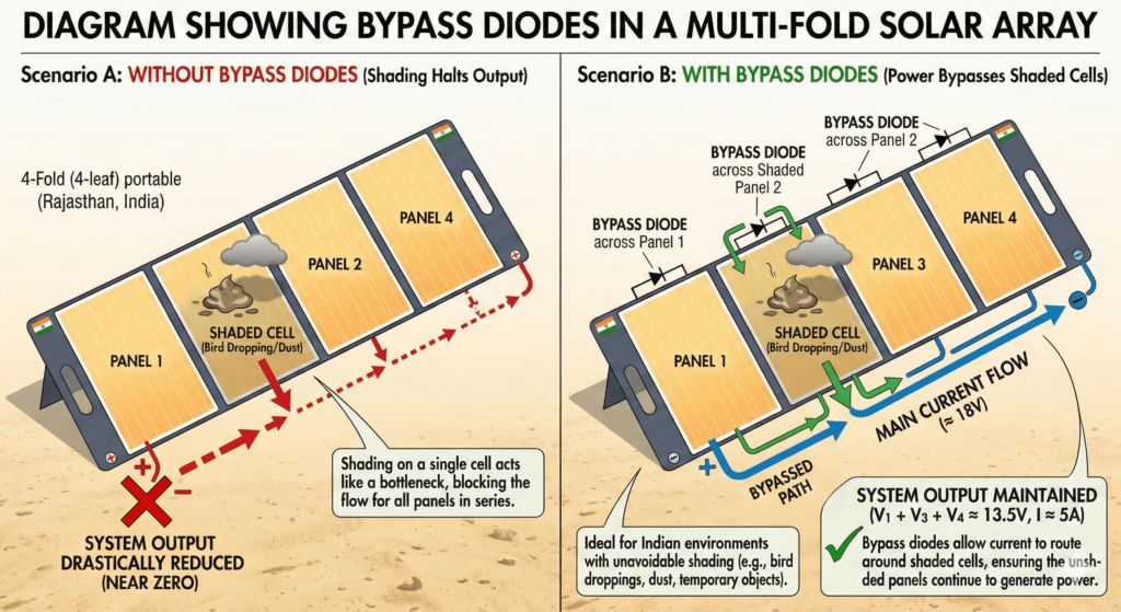Diagram showing bypass diodes in a multi-fold solar array