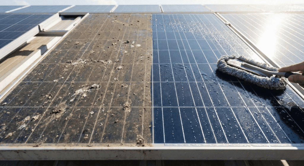 Heavy dust on PV modules needing a solar panel cleaning kit.