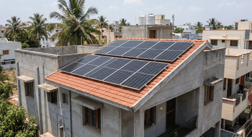 High-efficiency solar panels installed on a residential roof in Coimbatore Coimbatore-Solar-Installation