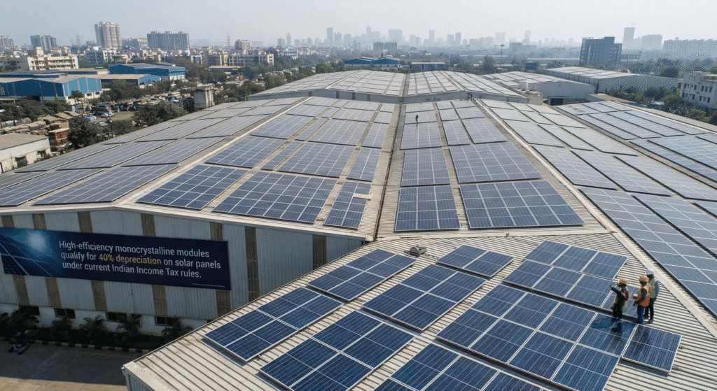 Industrial rooftop solar installation in India with a caption: High-efficiency monocrystalline modules qualify for 40% depreciation on solar panels under current Indian Income Tax rules.