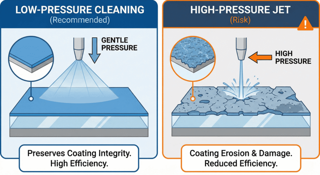 Infographic showing the impact of pressure on solar panel anti-reflective coatings with a solar panel cleaning nozzle