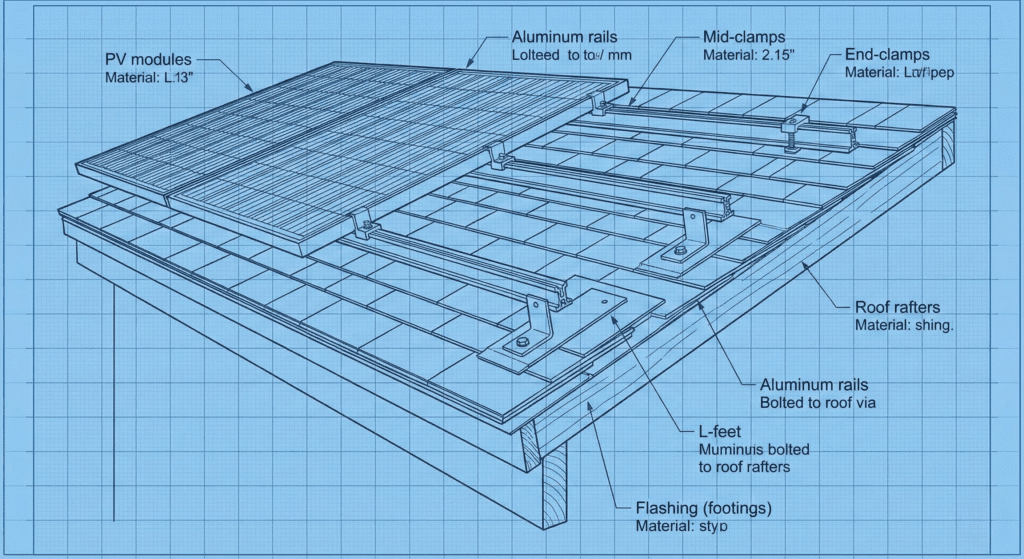 Solar panel structure diagram showing mounting rails and clamps