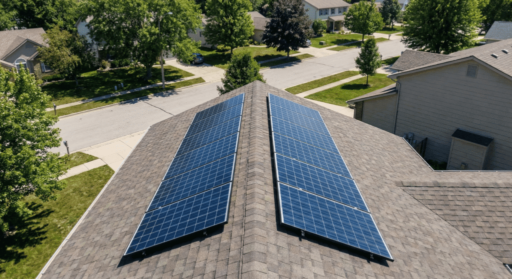 Top view of 8 panels in a 3kw solar system installed on a residential roof.