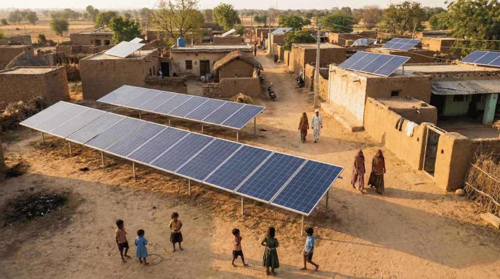 solar panels in a rural Indian village