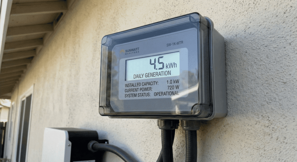 A digital meter showing 4.5 kWh daily generation for a 1kW solar panel setup