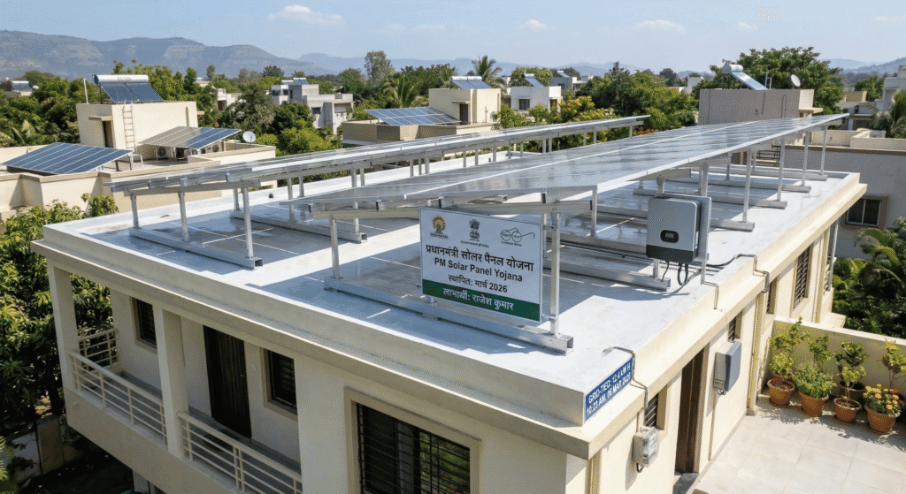 A modern residential rooftop in 2026 featuring bifacial solar panels installed via the PM solar panel yojana