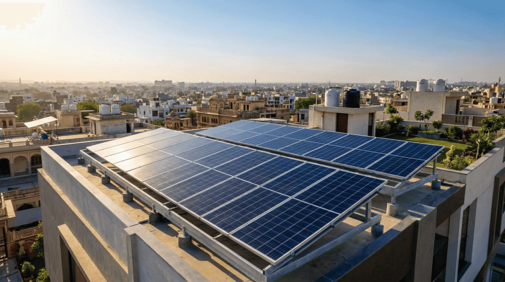 A residential rooftop in a sunny Indian city featuring high-efficiency Adani or Waaree Topcon solar panels.