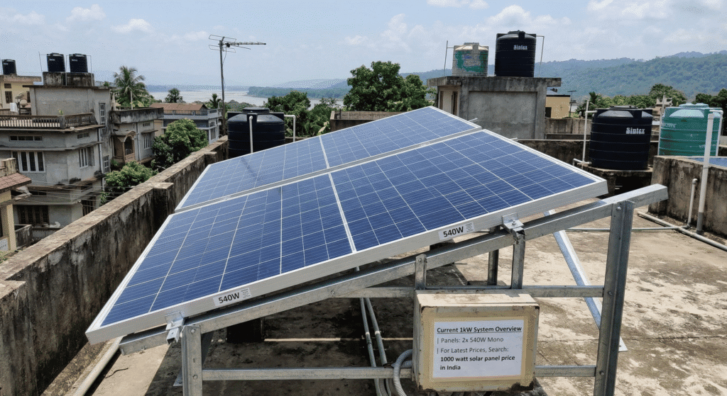 A rooftop installation of two 540W monocrystalline solar panels with 1000 watt solar panel price in India