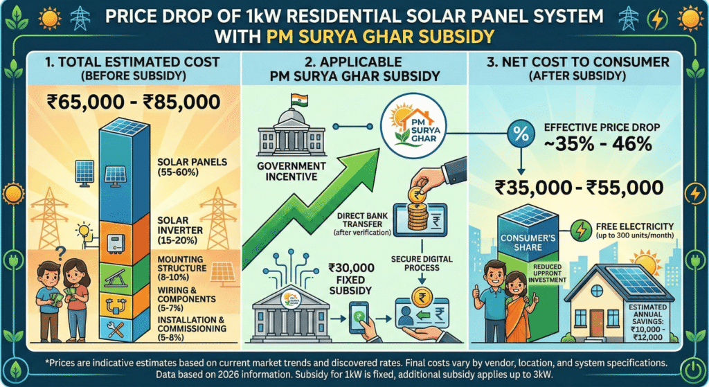 A visual chart showing the price drop of 1kW solar panel price after applying the PM Surya Ghar subsidy