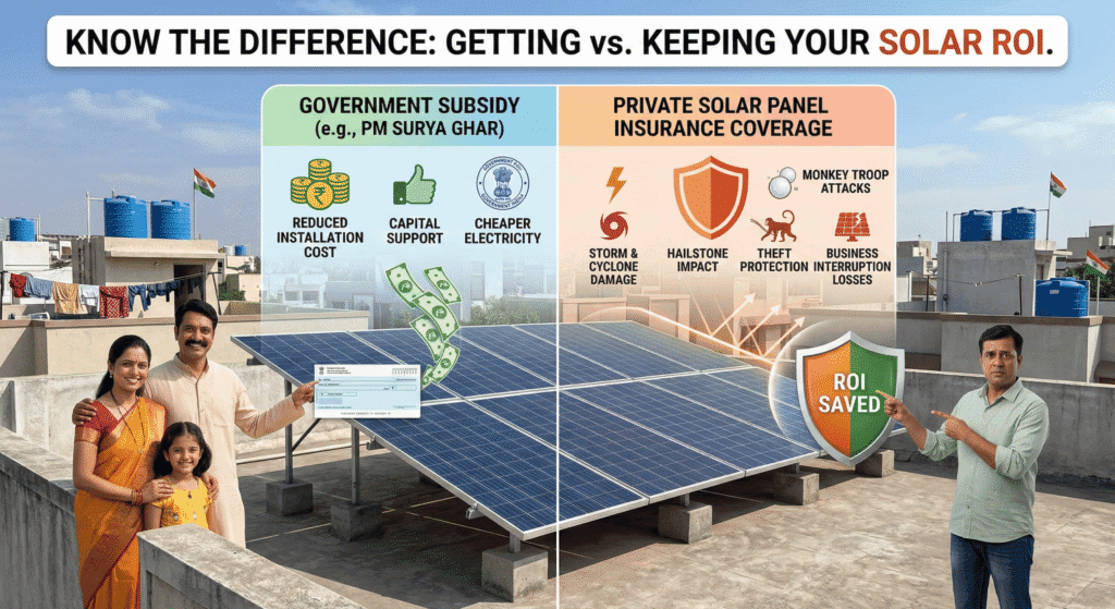 A visual of a residential rooftop in India with a solar array, highlighting the difference between government subsidy and private solar panel insurance coverage.