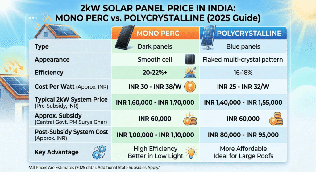 Comparative chart showing price differences between Mono PERC and Polycrystalline 2kW systems
