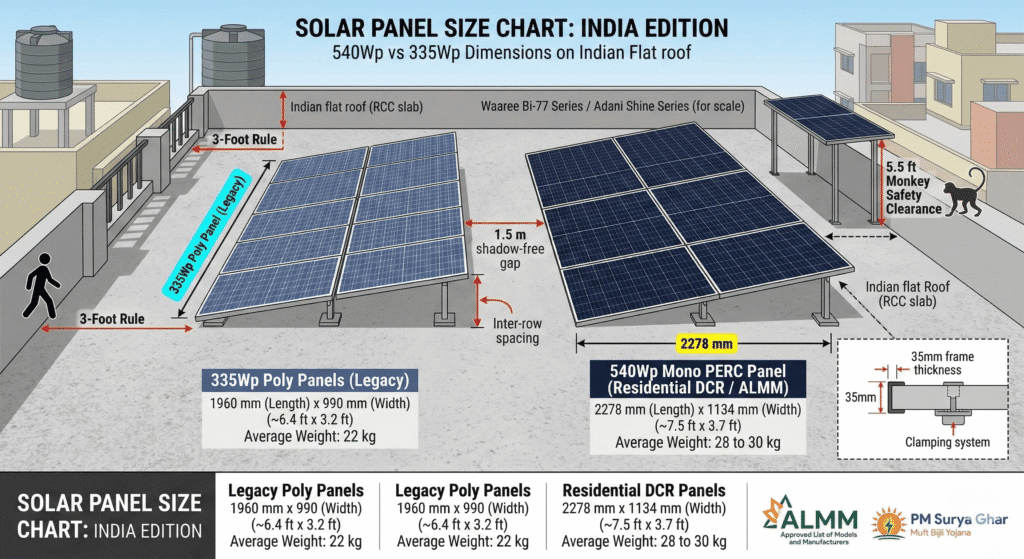 Diagram showing 540Wp vs 335Wp solar panel size chart dimensions on an Indian flat roof