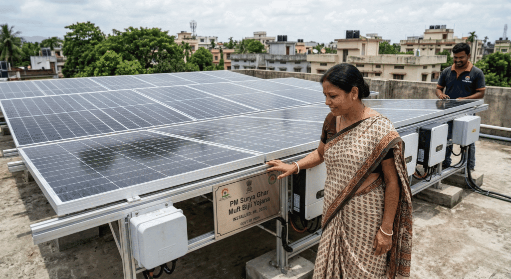 Homeowner checking Solar panel sarkari yojana installation