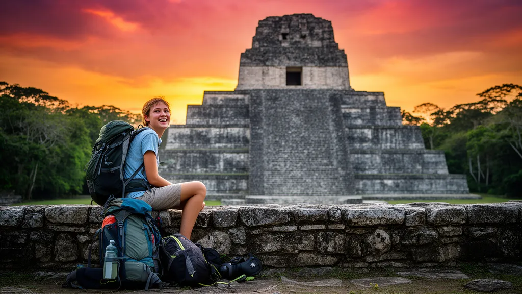 Backpacker exploring ancient ruins with sunset backdrop